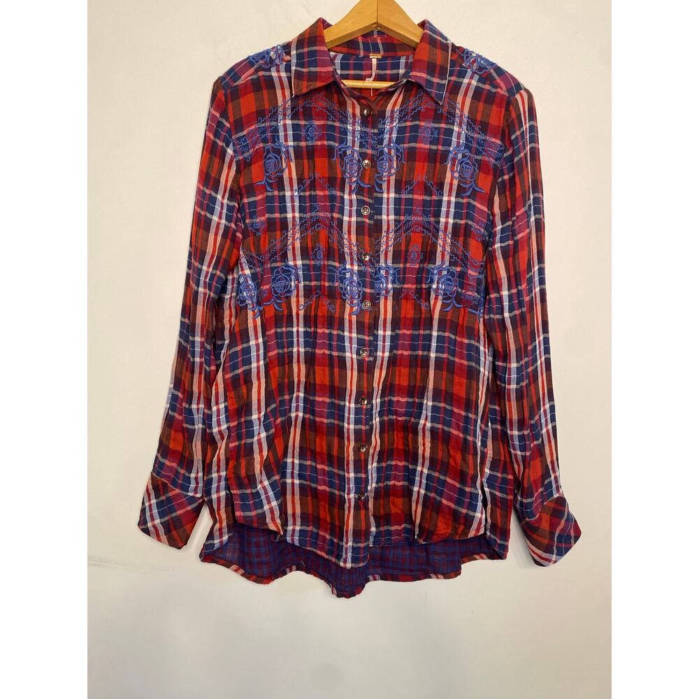 NEW Free People Magical Plaid Button Down Plaid Top Western Rodeo Embroidered Sm